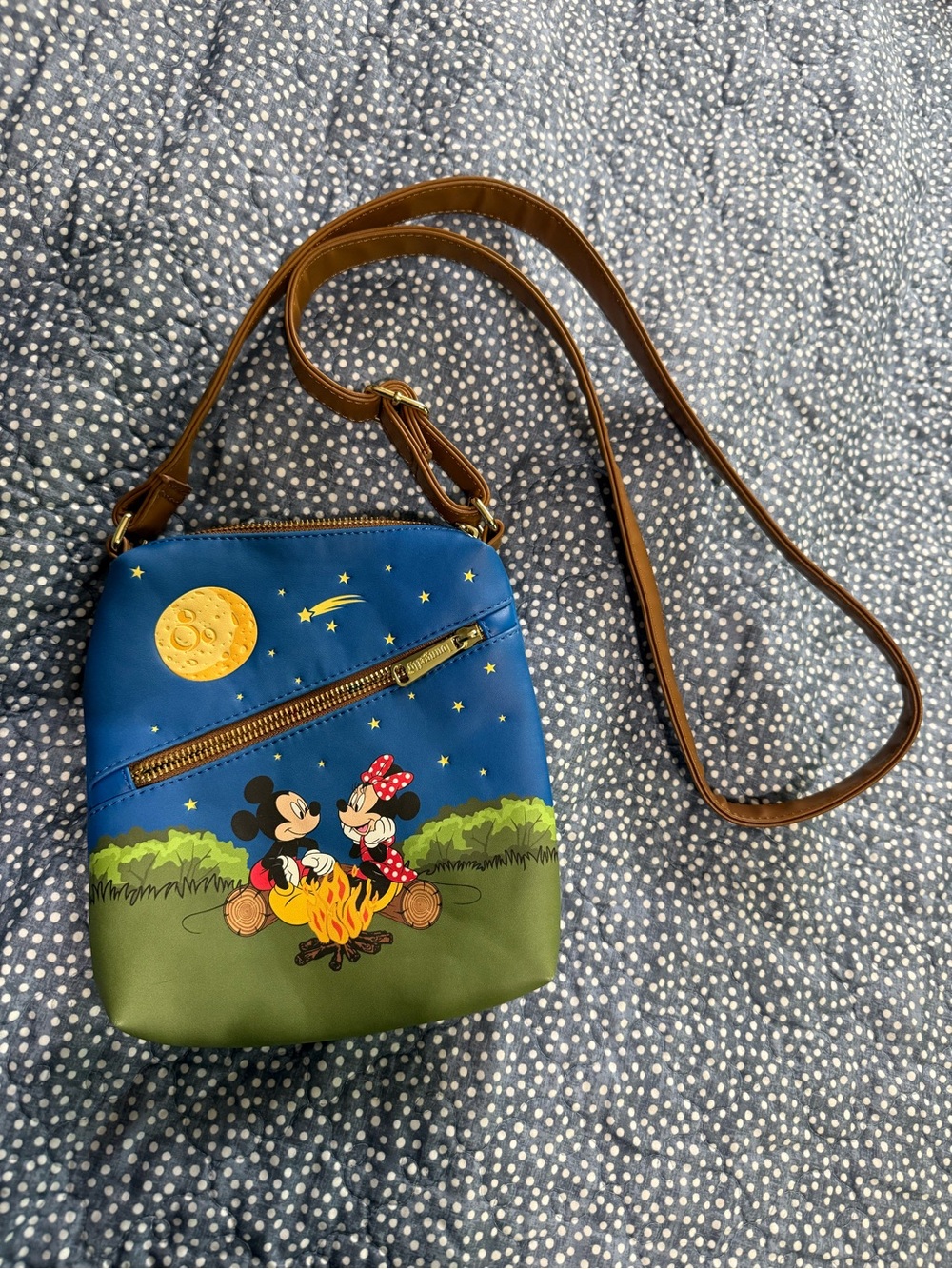 Loungefly Blue, Green & Brown Mickey & Minnie Campfire Crossbody Purse
